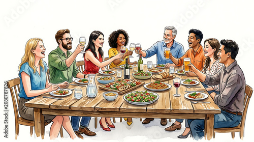 Diverse group of happy friends enjoying a festive dinner party with wine and food at a wooden table in a bright cheerful