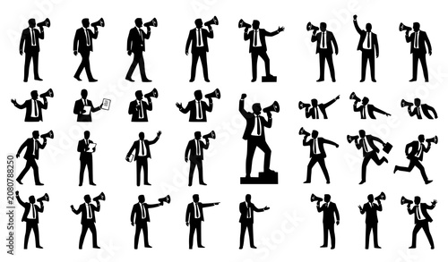Businessman Speaking Through Megaphone Black Silhouette Vector Pose Collection