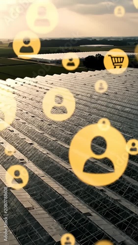 Solar panel field with floating social media user icons.
