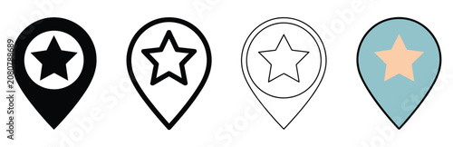 Location pin icon set featuring star symbols inside map markers, navigation pointers, favorite destination signs