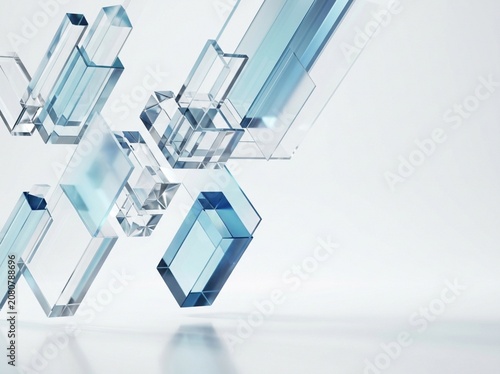 Abstract Composition Featuring Floating Translucent Glass Rectangles and Geometric Prismatic Structures in Soft Lighting
