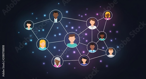 Network of cartoon avatars connected by lines on a dark blue purple gradient background with glowing particles. 