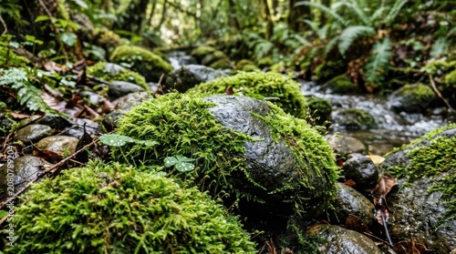 Green mossy rocks in a wet forest creek with soft sunlight streaming through the trees during a peaceful spring day