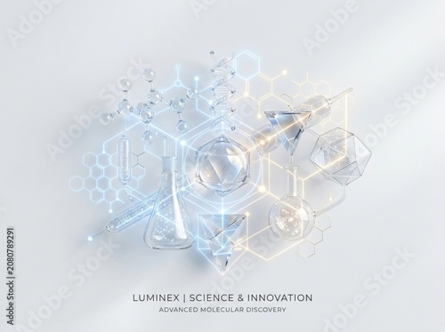 Abstract molecular science innovation with laboratory glassware and glowing chemical structures on white background