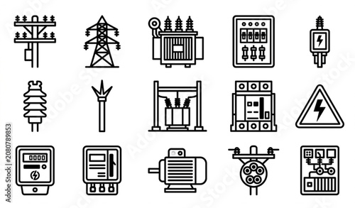 Tableau sur toile Modern electrical power grid icons vector set bold line art high voltage transfo