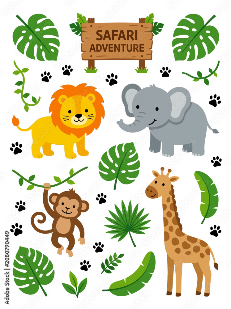 Naklejka premium Wildlife Safari Adventure with Lion, Elephant, Monkey, and Giraffe in Tropical Jungle Environment