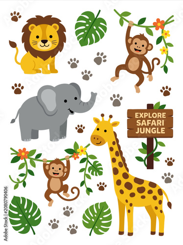 Photography Vibrant jungle scene with lion, monkey hanging from leaves, elephant, and giraffe