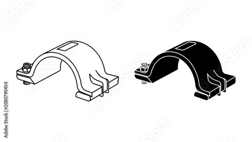Canvastavla Pipe Clamp Set: Two industrial pipe clamps, one outlined and one in silhouette, showcase a simple yet robust design for securing pipes