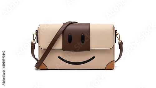 Realistic brown leather shopping bag with smiling face isolated on white background. Eco-friendly packaging illustration perfect for e-commerce, delivery service, retail branding, online shopping, 