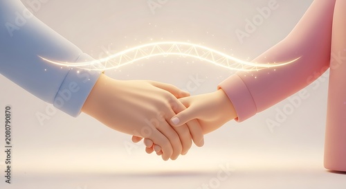 Business handshake with blue and pink sleeves, connected by a glowing wavy line with geometric dots on a light gray background.