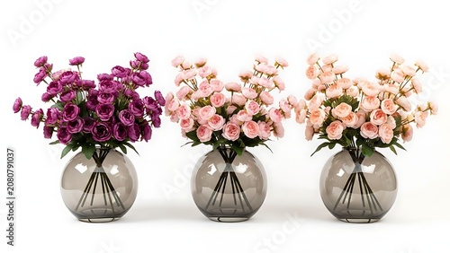 Beautiful flower vase collection isolated on white background featuring blooming pink and purple flowers. Elegant floral arrangement ideal for home decor, wedding decoration, greeting cards, botanical