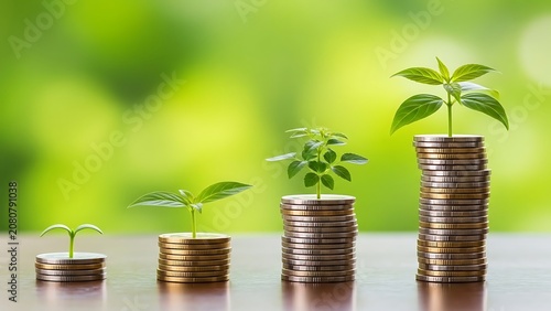 Business growth concept featuring stacked coins with a growing green plant isolated on a blurred natural background. Perfect for finance, investment, savings, wealth management, economic growth, 