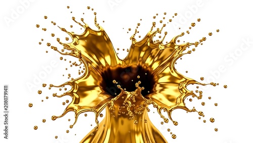 Luxury golden liquid splash crown burst isolated on white background. Dynamic metallic fluid explosion ideal for cosmetic branding, premium advertising, beverage promotions, abstract artwork,