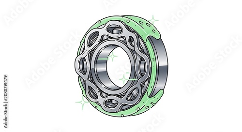 3D cartoon silver metal bearing covered in green bubbly slime, surrounded by sparkling glowing light particles.