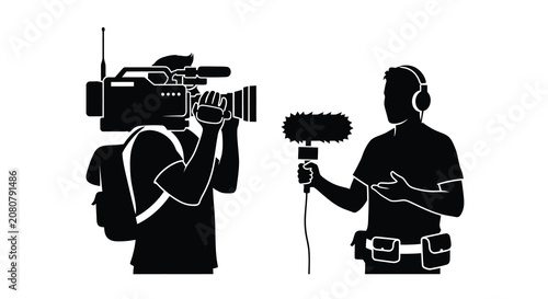 Konstfotografi Filmmaker And Reporter Silhouette Vector Illustration With Camera And Microphone