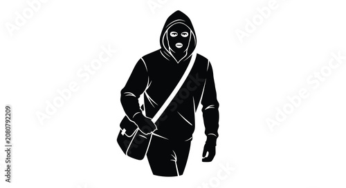Foto Person wearing balaclava and carrying bag black vector silhouette figure
