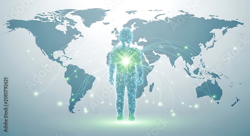 Digital human silhouette on a blue green world map, emitting glowing connection lines to global nodes. Futuristic tech concept.