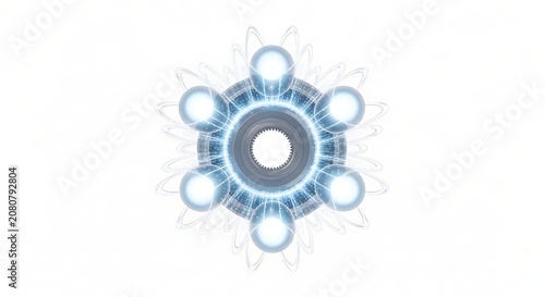 Futuristic  gear core with six  glowing energy spheres connected by transparent orbital tracks on a pure white background.
