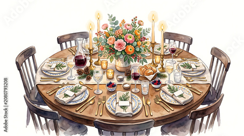Elegant round dining table set for a festive celebration with floral centerpiece and candles in a watercolor illustration style for holiday gatherings