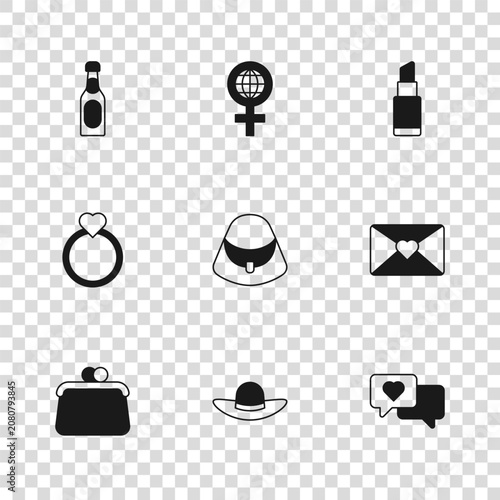 Tableau sur toile Set Elegant women hat, Envelope with 8 March, Heart in speech bubble, Handbag, Lipstick, Champagne bottle, International Women Day and Diamond engagement ring icon