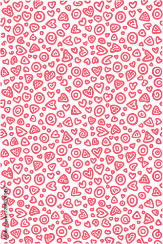 Scattered pink hearts confetti pattern with a gradient effect
