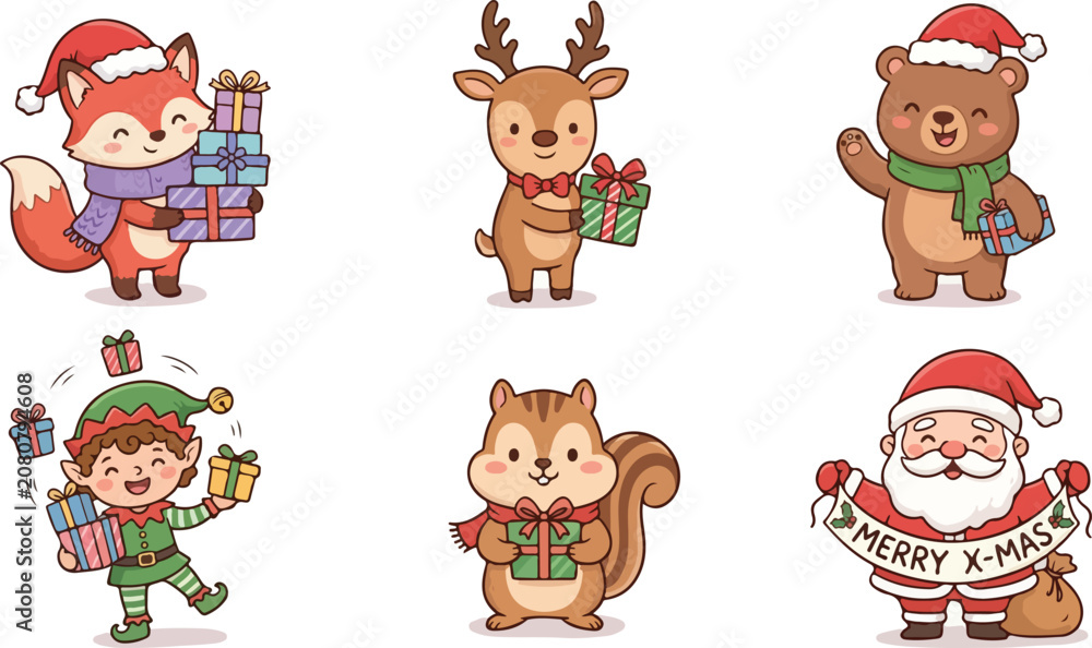 Obraz premium Christmas animals and characters holding gifts