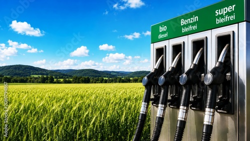 A fuel pump station situated in a lush landscape, featuring options for biodiesel, gasoline, and super unleaded fuel against a scenic backdrop of fields and hills.