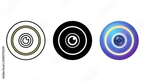 Three Abstract Eye Icons: Three stylized circular icons, each featuring an eye-like pupil within concentric rings, representing vision, perception.