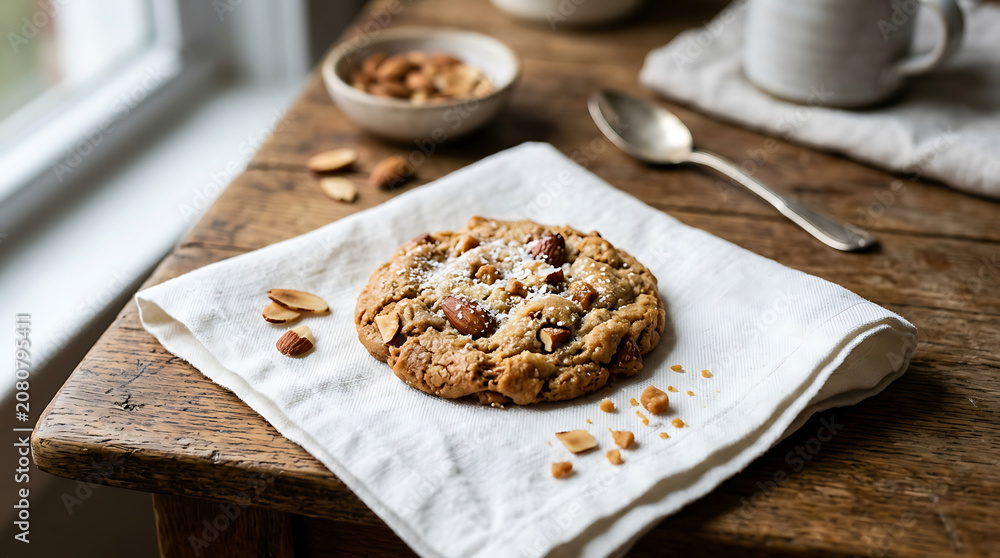 Fototapeta premium A delectable almond butter crunch cookie rests on a white napkin, surrounded by scattered almonds and crumbs on a rustic wooden surface.