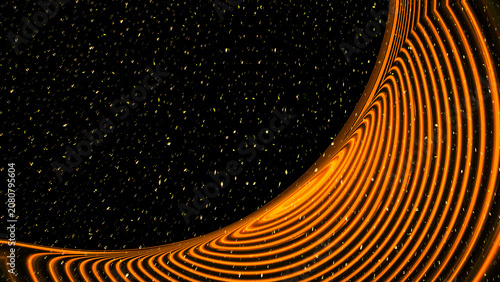 Futuristic sci-fi tech digital art wallpaper. Abstract space background, deep black cosmos, starry night, neon planet, glowing geometric wave lines, concentric circles, glitch pop, trippy vortex. VR
