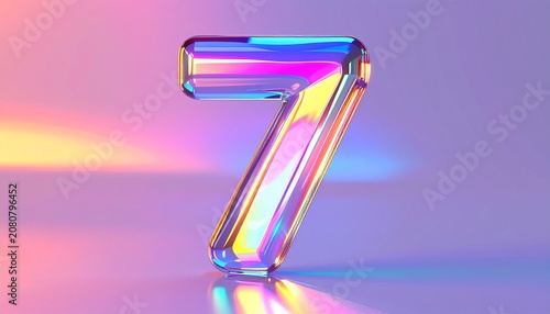 A shiny number seven glows with rainbow colors on a reflective surface