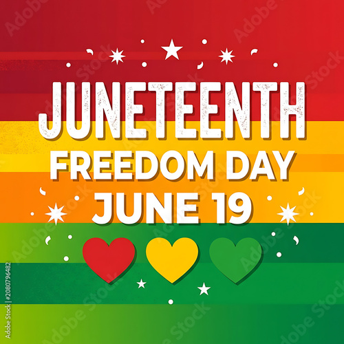 Colorful juneteenth freedom day celebration graphic with rainbow and heart