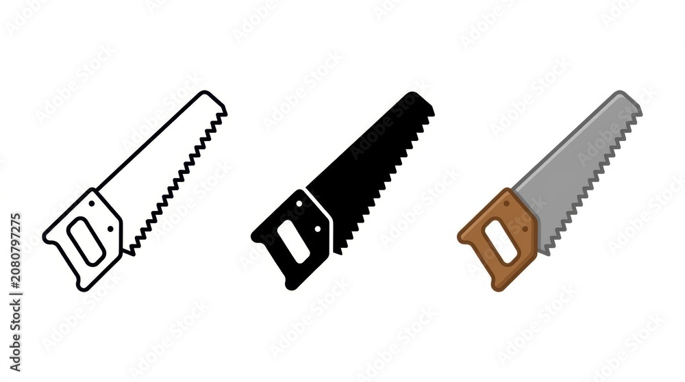 Fototapeta premium Saw Collection: A collection of three hand saws, each in a different style, including an outline drawing, a silhouette, and a realistic illustration.