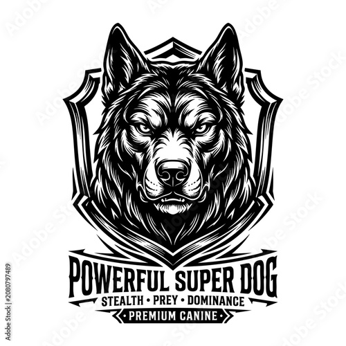 Fotografie A powerful dog illustration showcases a wolf's head with shield and text on a white background emphasizing stealth and dominance