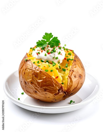 A baked potato topped with sour cream, cheese, and chives on a white plate