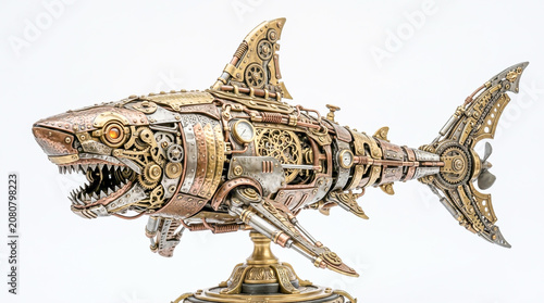 Steampunk mechanical shark sculpture with intricate gears