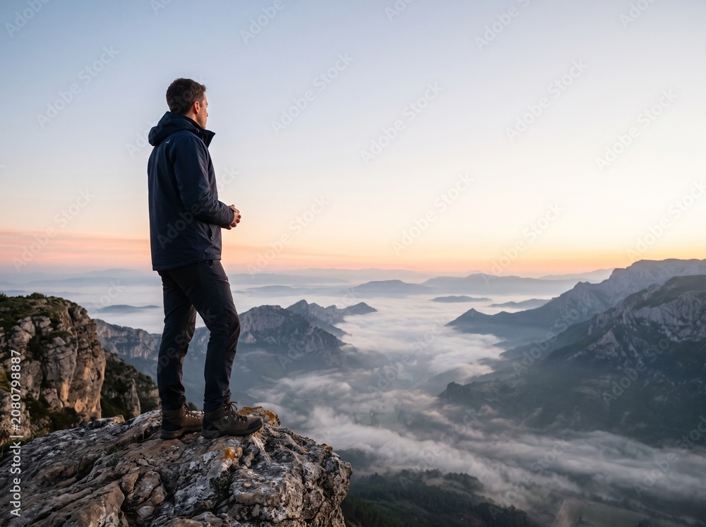 Fototapeta premium Adventurous young man stands on a rocky mountain peak looking at the beautiful sunrise view