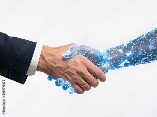 Cuadro en lienzo Professional human hand shaking a futuristic digital glowing artificial intellig