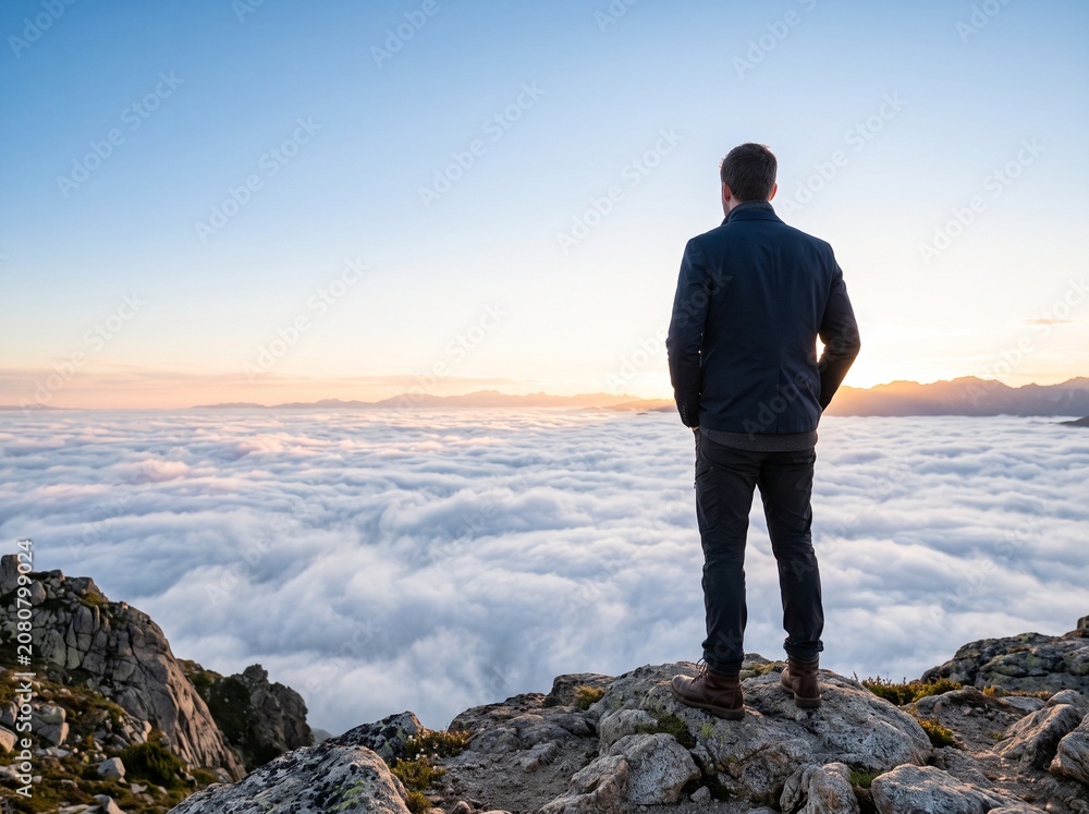 Fototapeta premium Man in a navy blazer stands on a rocky mountain peak overlooking clouds during sunset