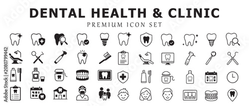 Dental Health and Clinic Icons Set Dental Clinic & Oral Care Icons Collection – Professional Healthcare Vector Pack Dental Clinic Vector Icons Bundle – Tooth Care, Oral Hygiene & Medical Line Symbols