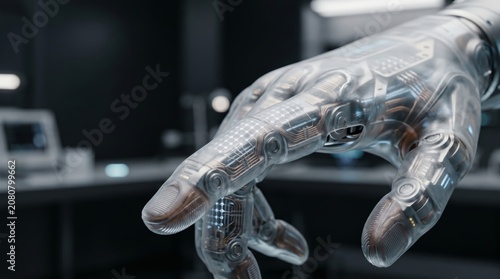 Futuristic robotic hand with transparent shell and visible internal mechanical components in a high-tech laboratory setting