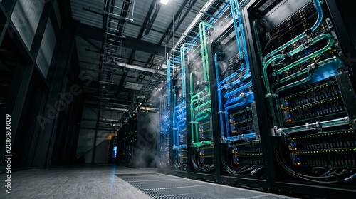 Futuristic High-Tech Server Room with Glowing Blue and Green Network Cables in a Dark Data Center