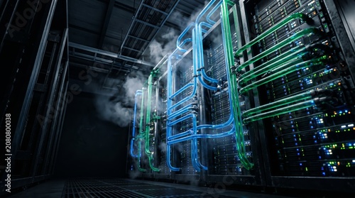 Futuristic Data Center Server Room with Glowing Liquid Cooling System and Fiber Optic Infrastructure