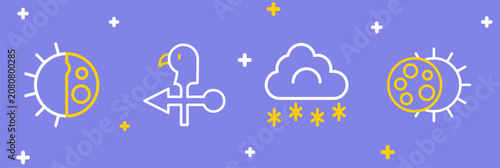 Foto Set line Eclipse of the sun, Cloud with snow, Rooster weather vane and Day night cycle icon