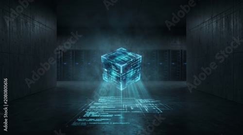 Futuristic 3D holographic cube glowing in a dark industrial room, illustrating high-tech data storage, artificial intelligence, or blockchain technology concept.