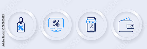 Set line Wallet, Online shopping on phone, Discount percent tag and icon. Vector