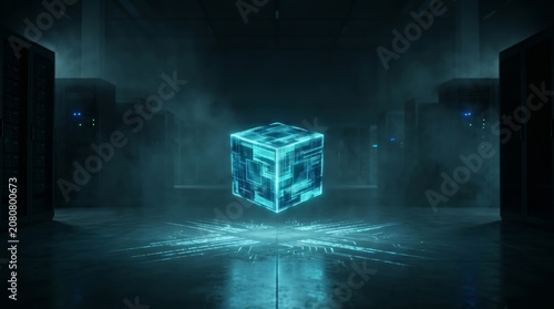 Glowing digital cube in futuristic server room representing artificial intelligence and data storage.
