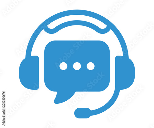 Blue customer support headset icon with speech bubble on white background