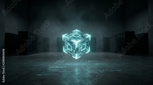 Futuristic glowing holographic data cube floating in a dark server room, 3D rendering technology concept