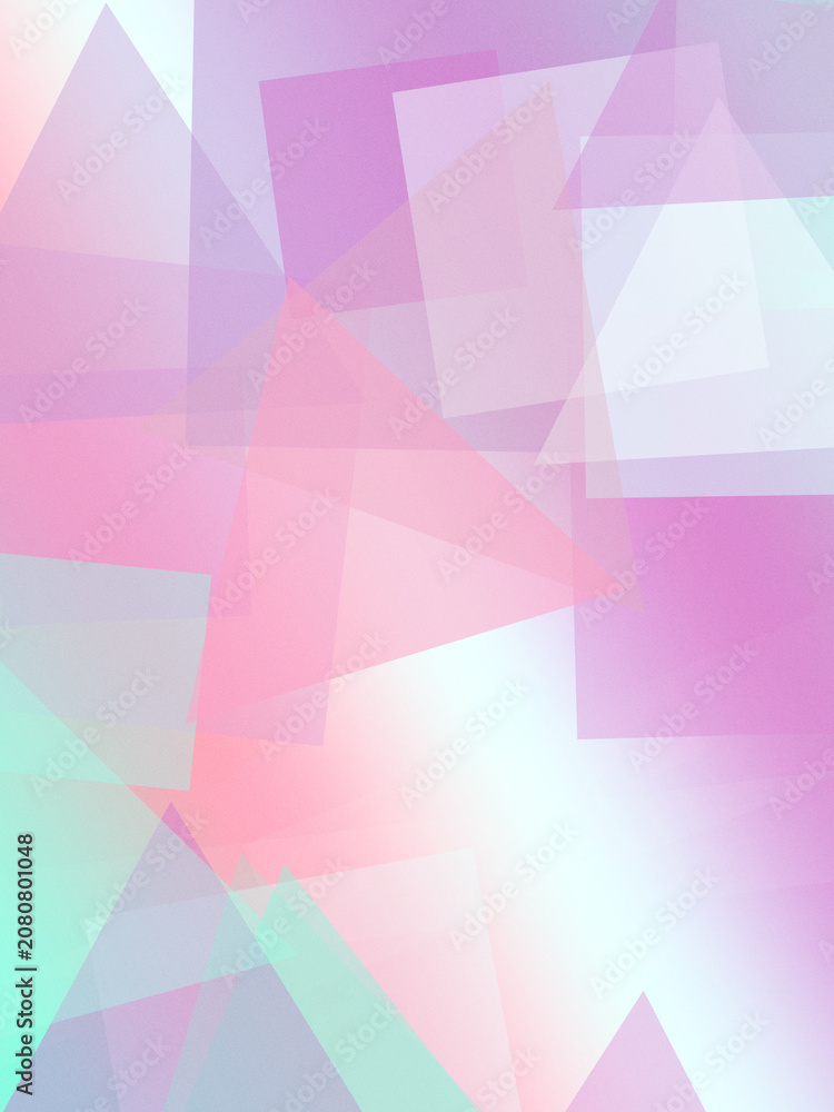 Obraz premium Abstract pastel geometric collage of soft pink, purple, and mint shapes with gentle light leaks, ideal as a modern creative background with copy space.